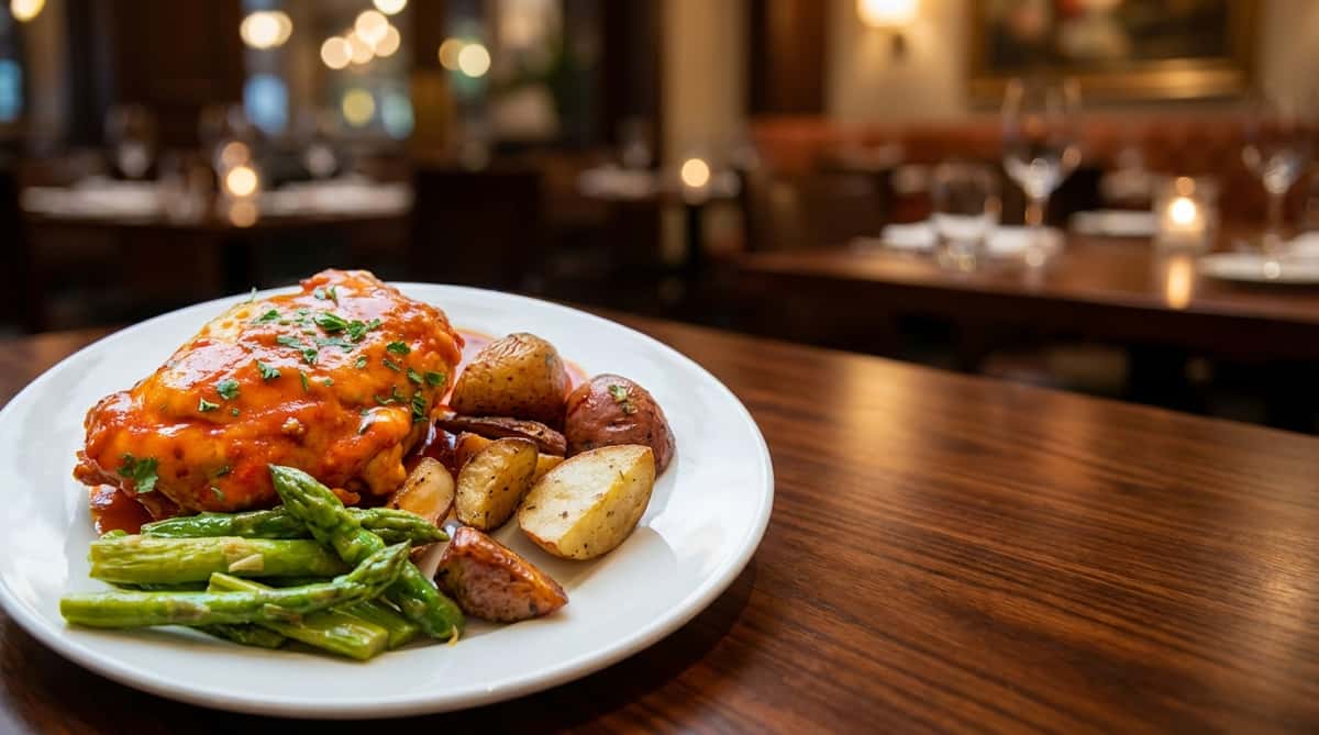 Savory chicken Parmesan topped with melted mozzarella and marinara sauce, served with roasted baby potatoes and asparagus in a candlelit restaurant ambiance.