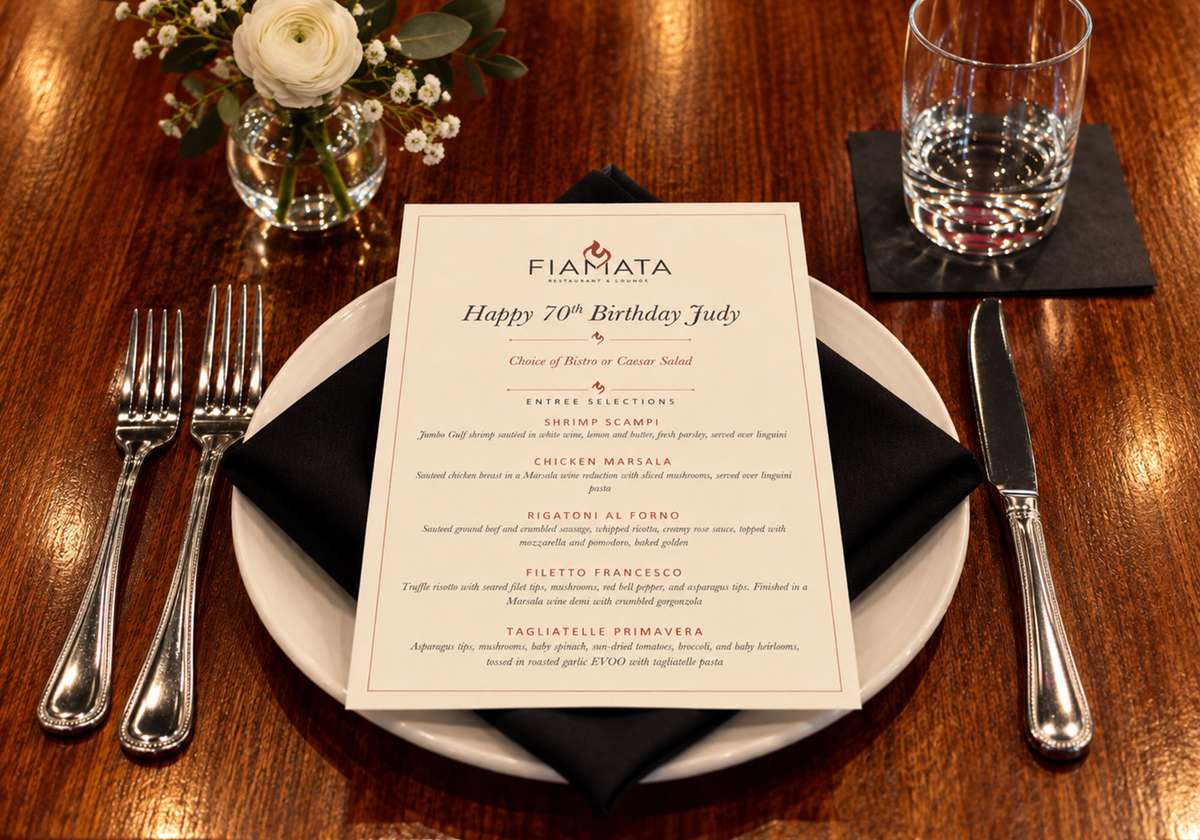 Custom printed menu at a seated birthday dinner