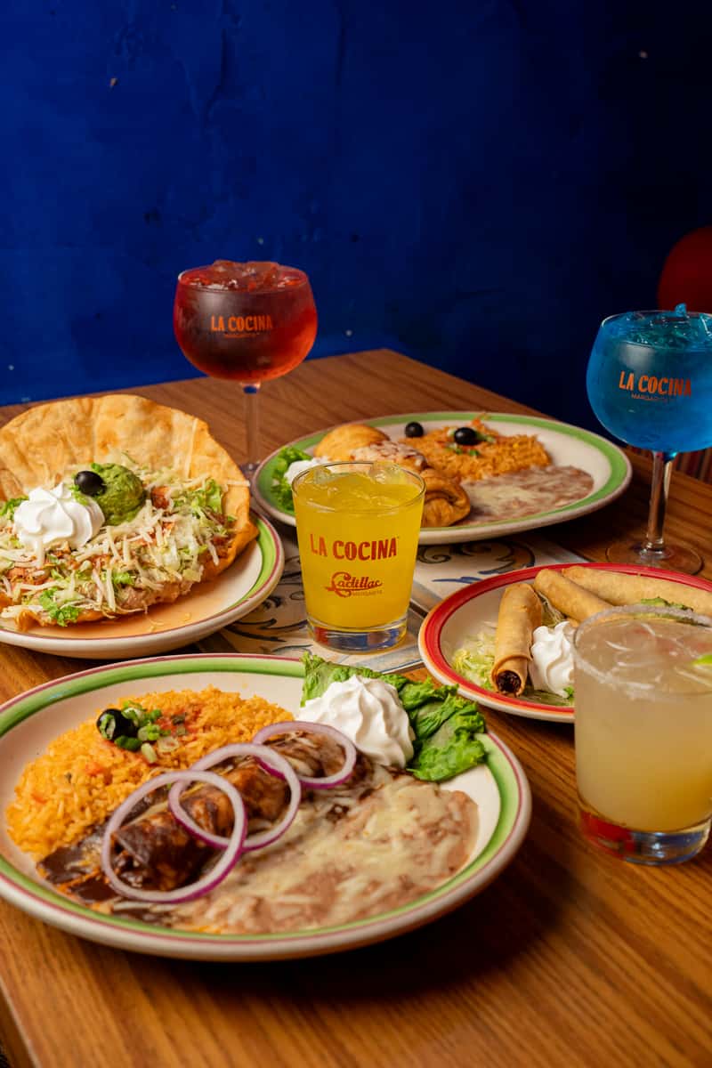 Mix of food and drinks on a table