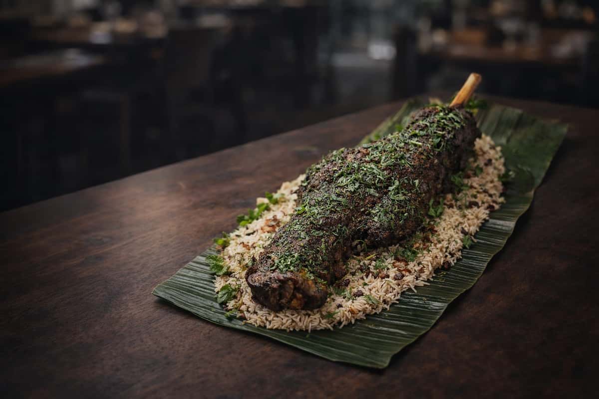 Herb-crusted roasted leg of lamb presented on a banana leaf over seasoned basmati rice, showcasing bold Indian-inspired flavors in an elegant fine dining restaurant.