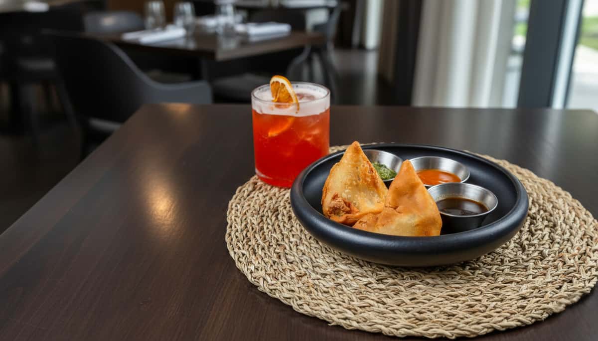 Crispy vegetable samosas served with mint chutney, tamarind sauce, and spicy red dip, paired with a vibrant orange cocktail in a stylish contemporary dining setting.