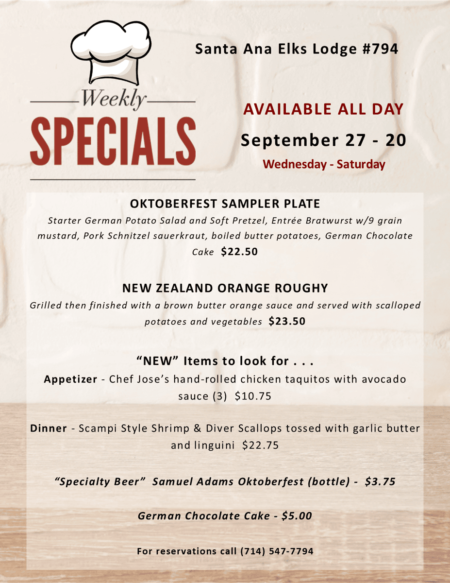 WEEKLY SPECIALS SEPT 27-30