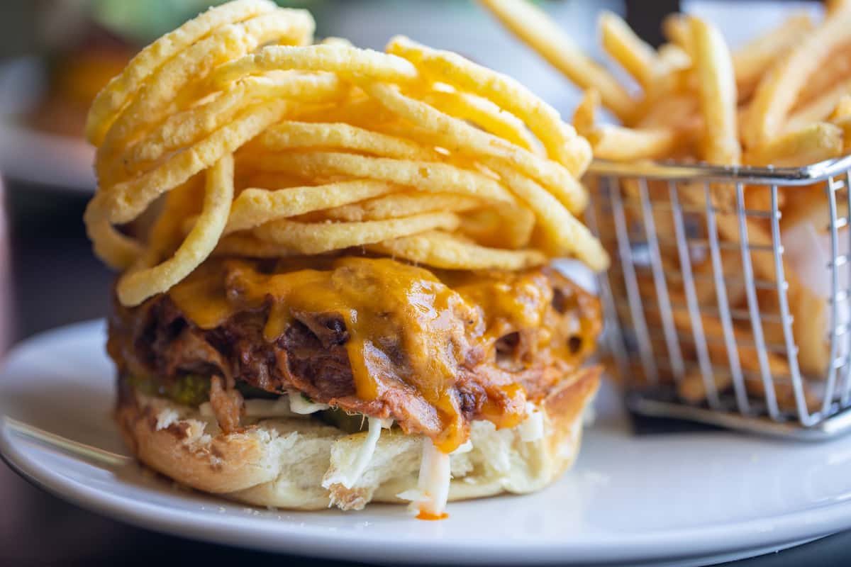 BBQ pulled pork sandwich and fries