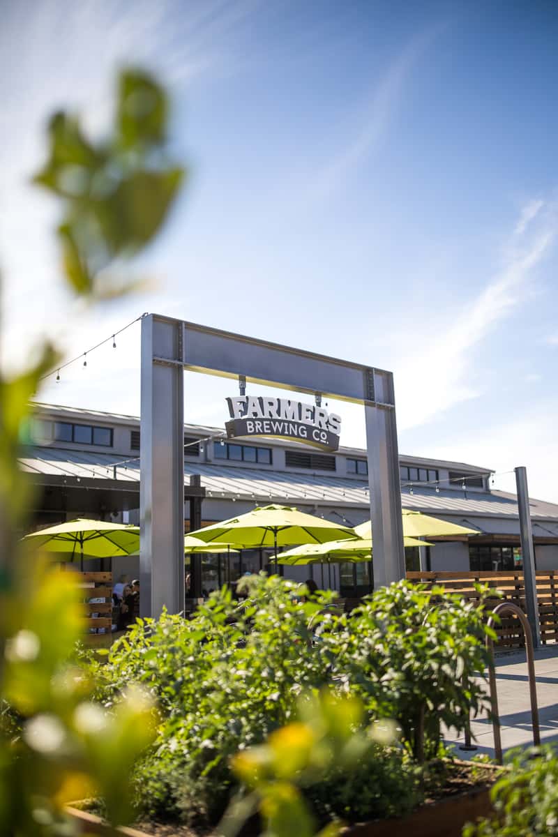 Farmers Brewing Co. exterior with patio seating, green umbrellas, string lights, and raised garden beds in the foreground.