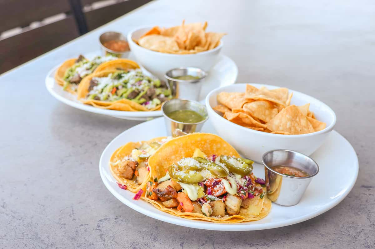 Plates of tacos with salsa and bowls of crispy tortilla chips served with dipping sauces.