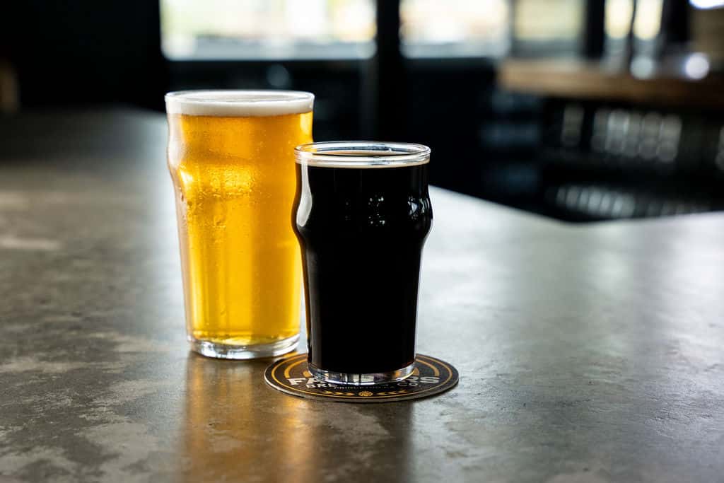 A pint of golden beer and a pint of dark stout sit on a bar counter, with the dark beer placed on a branded coaster.