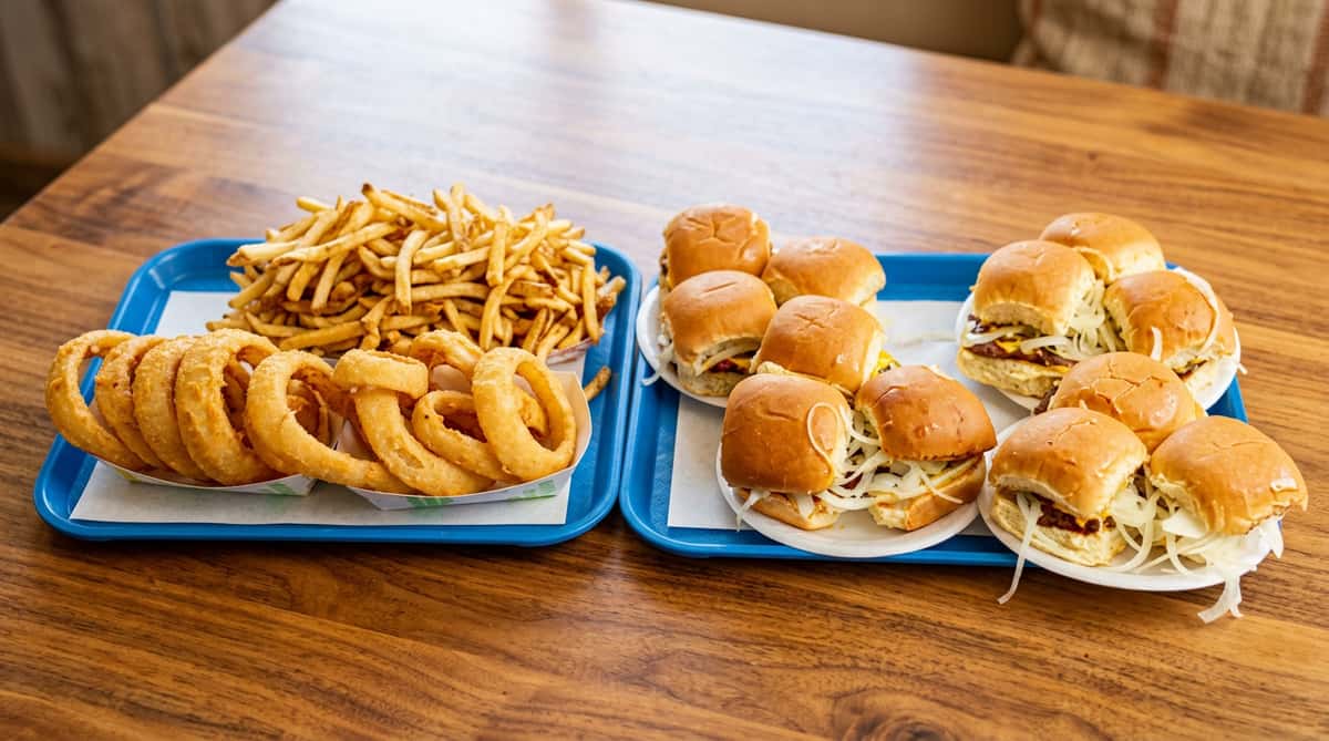 Two trays of food with hamburgers, onions rings and fries