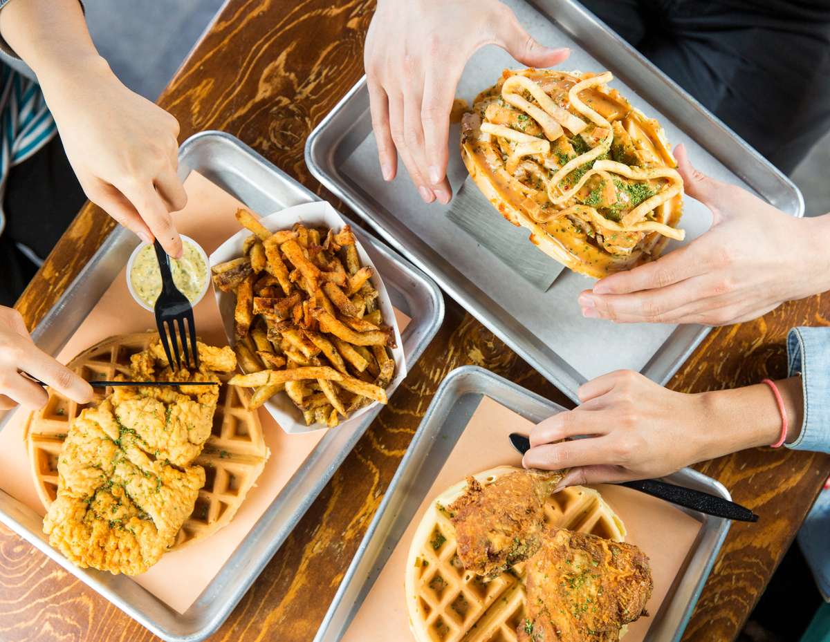 Trays of food on a table