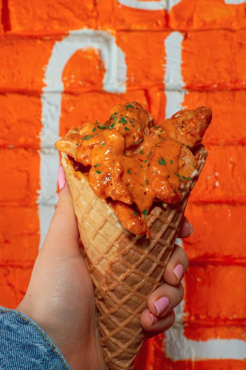Chicken inside a waffle cone