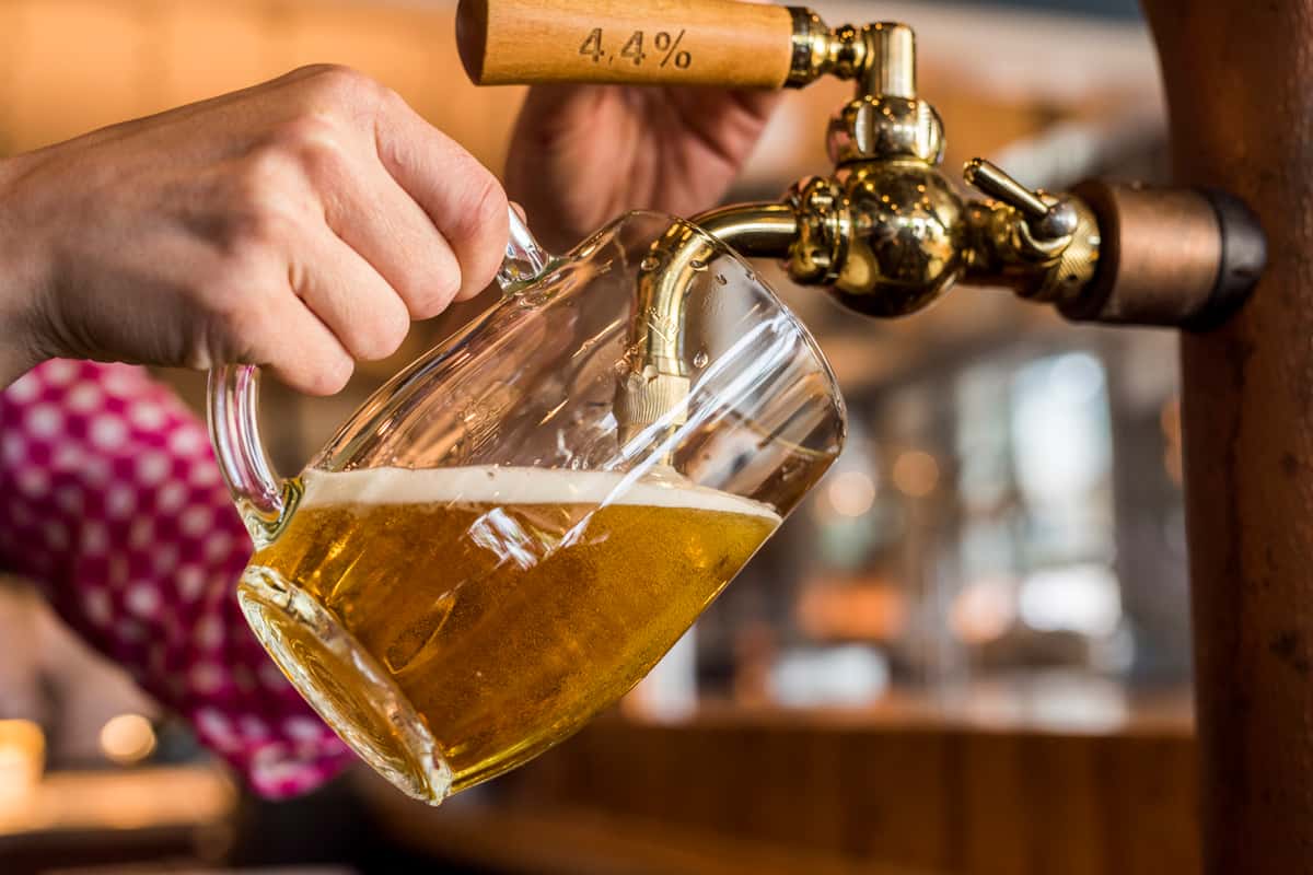 Pouring a beer into a large glass stein
