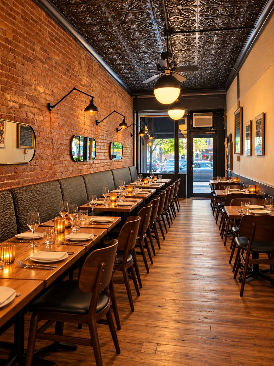 The intimate dining room at The Marshal in Hell's Kitchen, available for group brunches and private gatherings