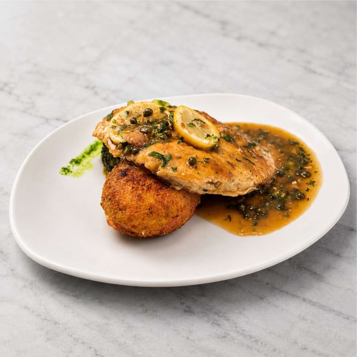 Chicken Francese with lemon caper butter sauce served alongside a golden crab cake at Local on North, featuring coastal-inspired Southern flavors in Canton and Marietta.