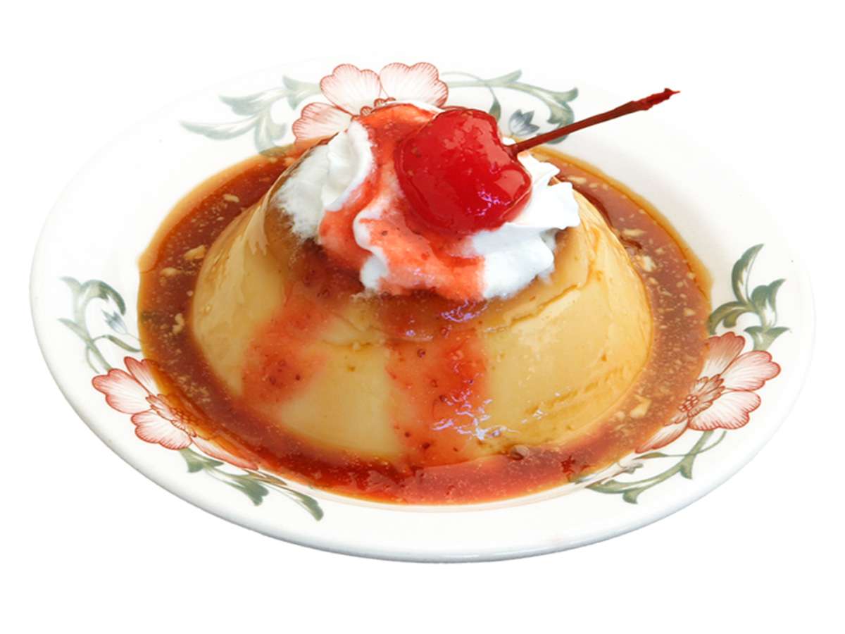 flan with whipped cream and cherry on top