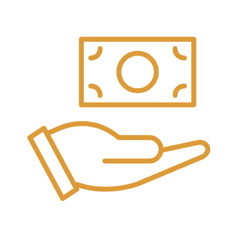 Yellow outline of hand holding money icon