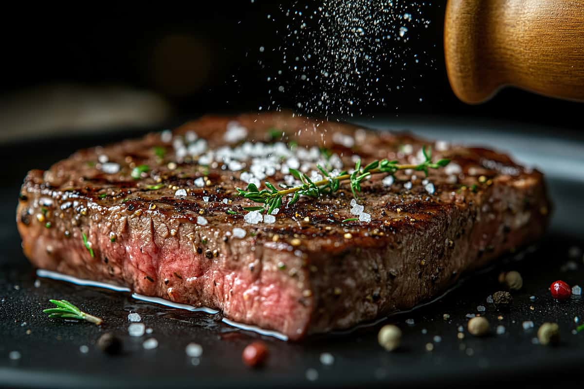 Piece of meat being seasoned with salt and pepper