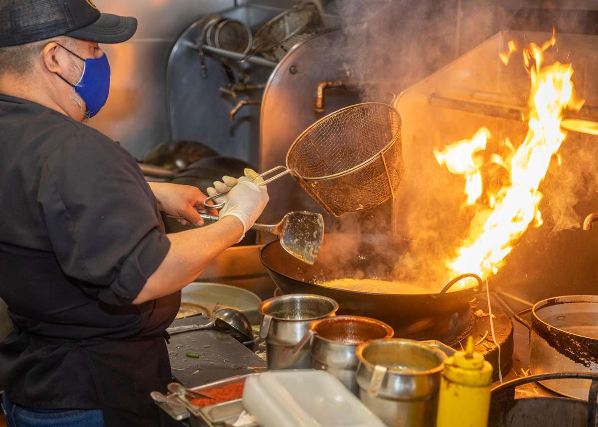 cooking in kitchen