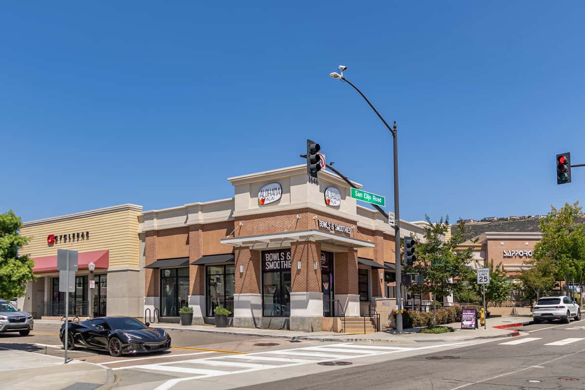 ALOHAHA Acai storefront on San Elijo Road with signage reading "Bowls & Smoothies" at a sunny street corner.
