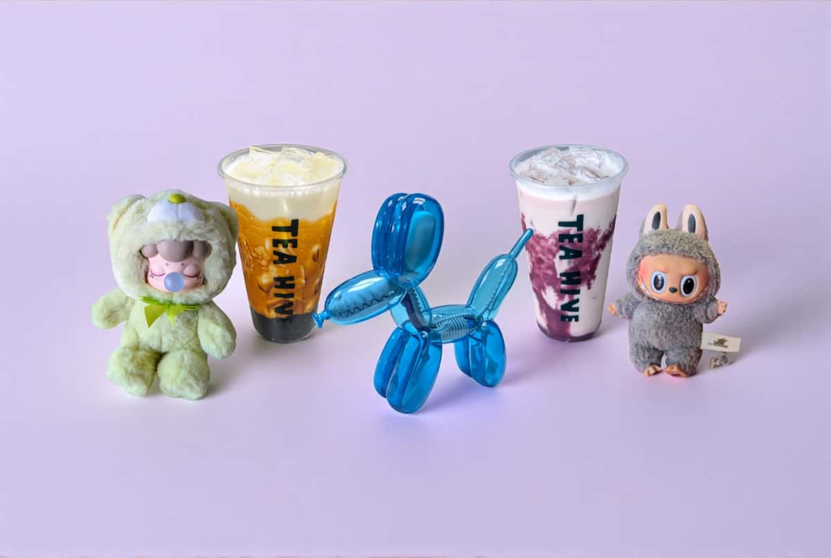 Lineup of boba teas and collectible toys