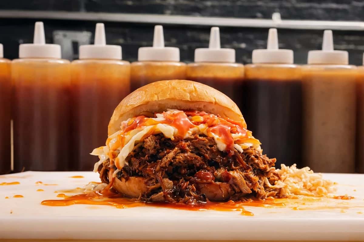 Pulled pork sandwich piled high with slow-cooked shredded pork, creamy slaw, and spicy barbecue sauce on a toasted bun, with squeeze bottles of house sauces in a casual BBQ restaurant kitchen background.