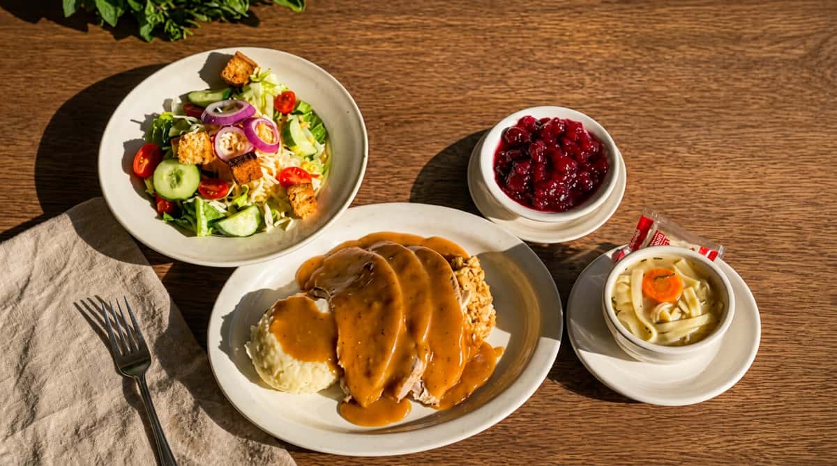 Thanksgiving meal with sliced turkey covered in gravy, mashed potatoes, stuffing, garden salad, cranberries, and chicken noodle soup.