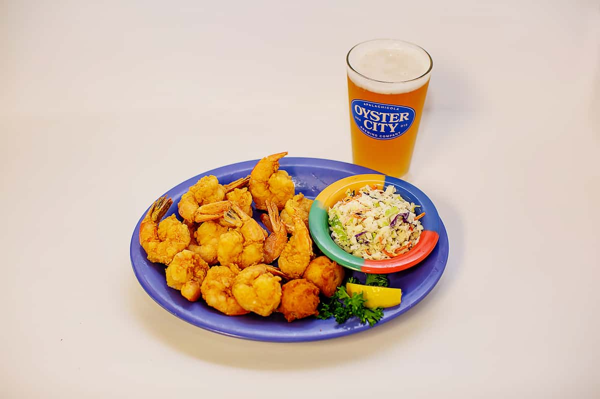shrimp with sides and beer
