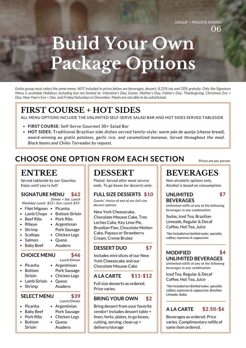 Private Dining Menus Page - Build Your Own Private Dining Packages