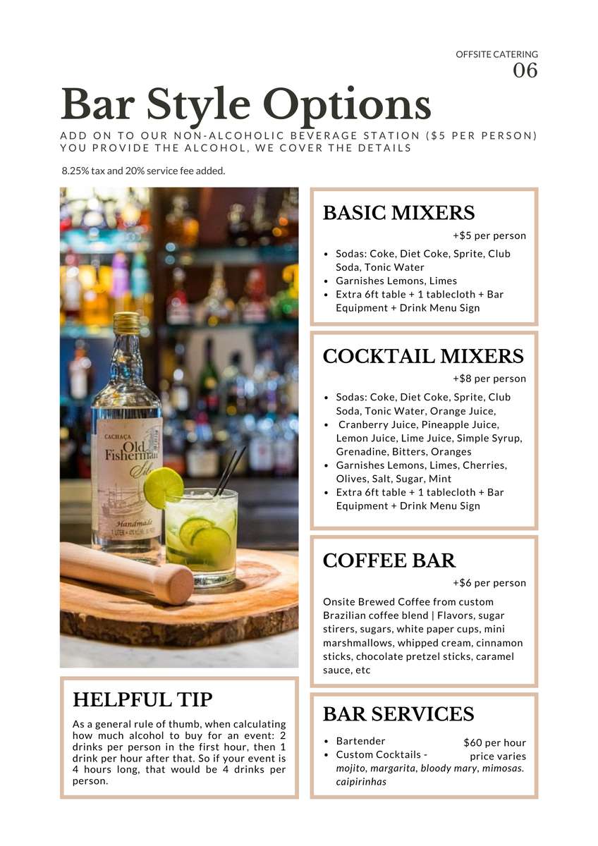 8 Bar Style Options - Catering Menu