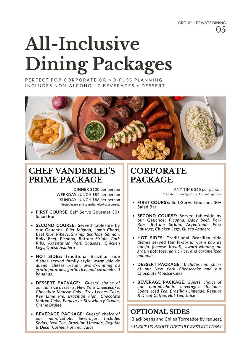 Private Dining Menus Page - All Inclusive Private Dining Packages
