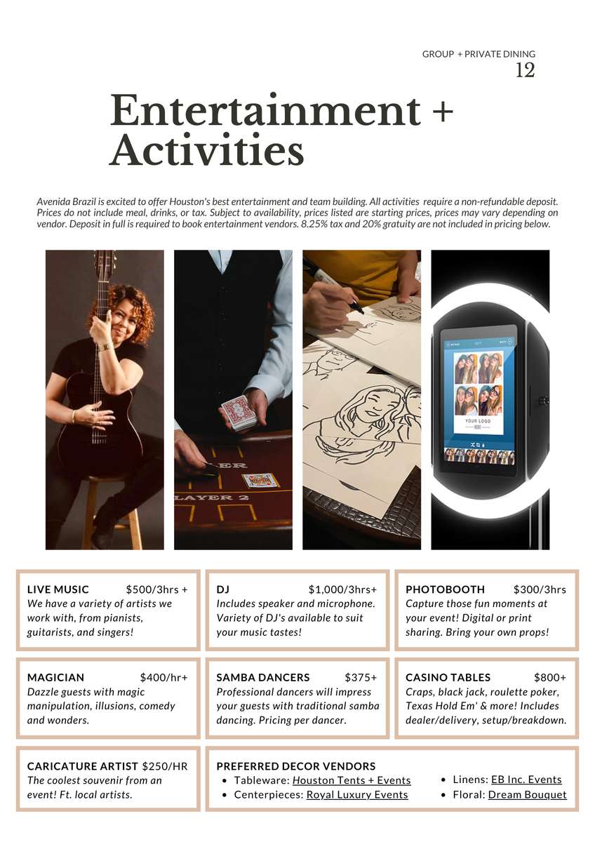 Private Dining Menus Page - Entertainment + Activities