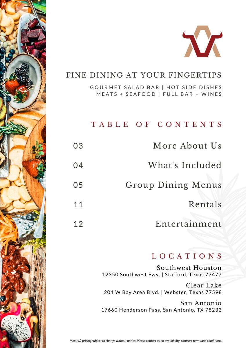 Private Dining Menus Page - Table of Contents