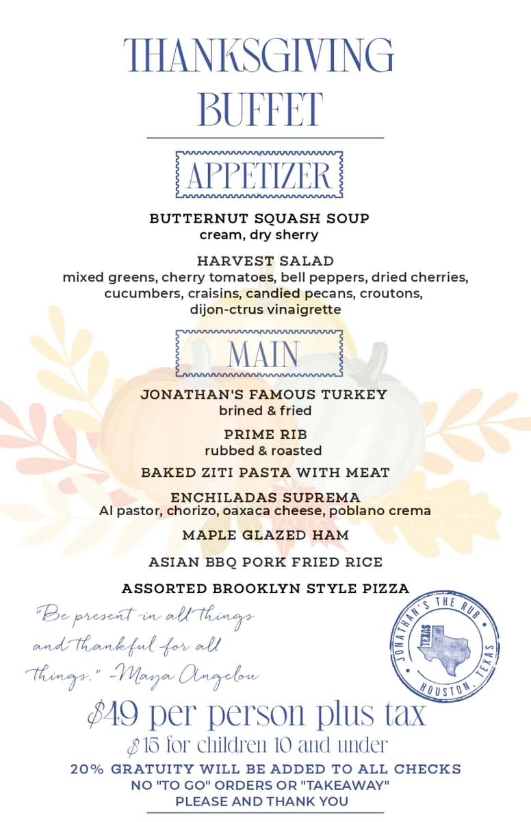 Jonathans The Rub Thanksgiving menu