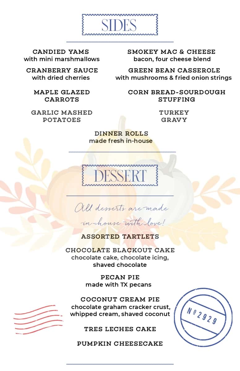 Jonathans The Rub Thanksgiving menu