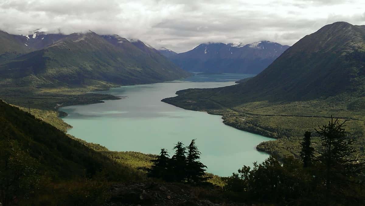 View of Kenai Lake from popular hiking trail in cooper landing, photo taken by employees of gwins lodge a historic scenic road house in cooper landing that offers great rates on hotel rooms and cabin rentals along with good food cold beer and the  best fishing guide or guides all summer long 