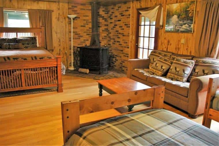 Birch Cottage with beds, couch, and fireplace