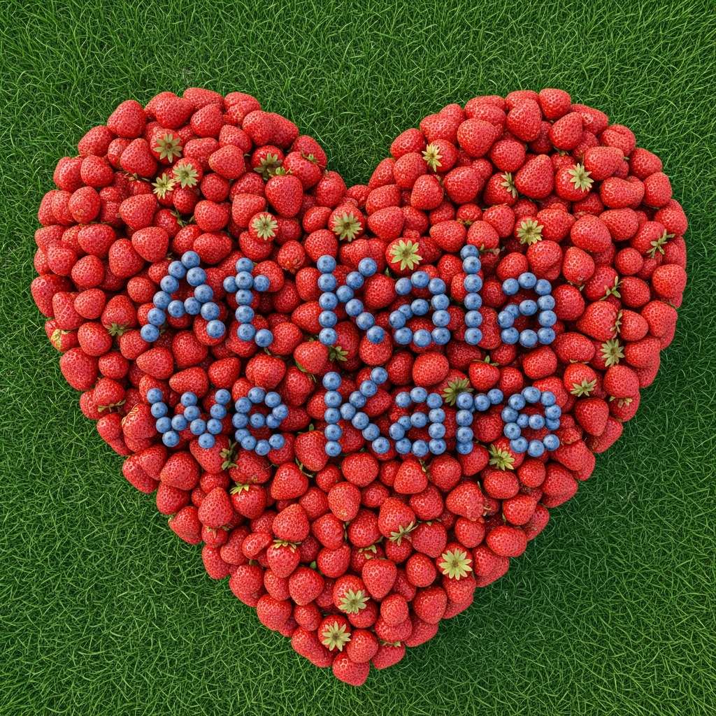 a big, vibrant heart made of strawberries with "At Kaia we Kare" spelled out in blueberries, all set on a lush green grass background.