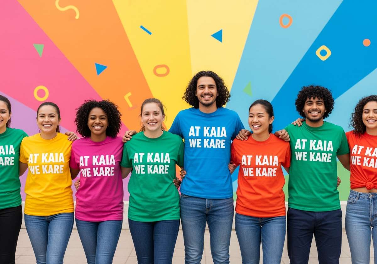 vibrant image featuring a diverse group of young people in a straight line, each wearing a bright t-shirt that says "At Kaia we Kare." This lively scene really captures the positive, energetic spirit of your 'Kare' concept