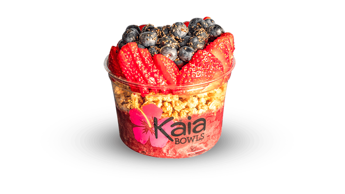 Organic, non-GMO and gluten-free Acai and blueberry flax seed gluten free granola. Topped with blueberries, strawberries, chia seeds and honey.