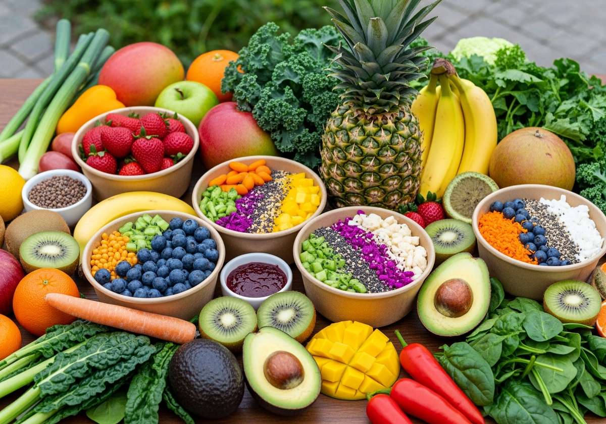 vibrant image of fresh fruits and vegetables arranged beautifully to highlight the best in nutrition and freshness—perfect for showcasing the healthy ingredients behind Kaia Bowls