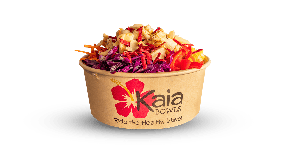 Grilled chicken, carrots, pineapple, seaweed salad, sweet peppers, red cabbage, crispy beets, almonds, teriyaki sauce