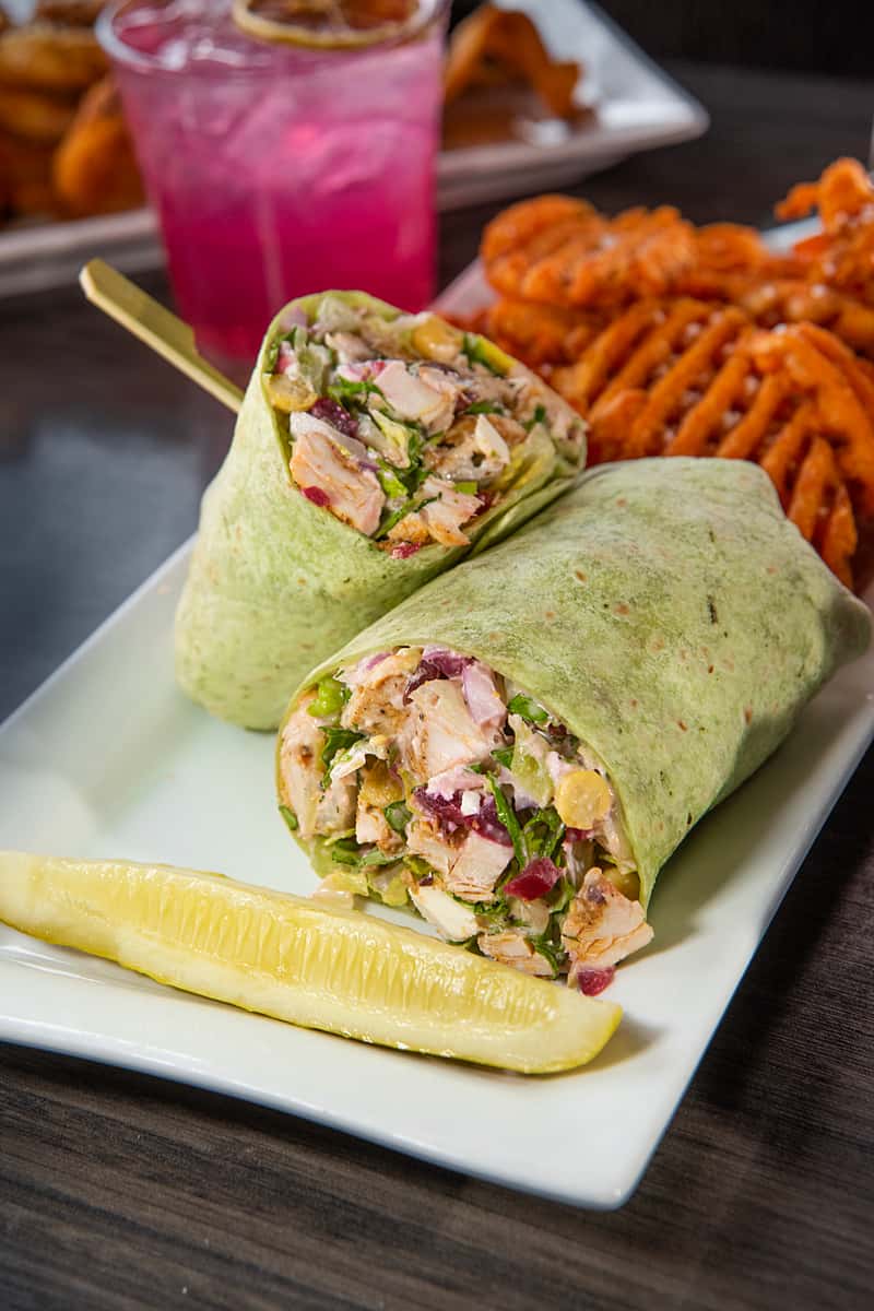Chicken Salad Wrap with Sweet Potato Waffle Fries