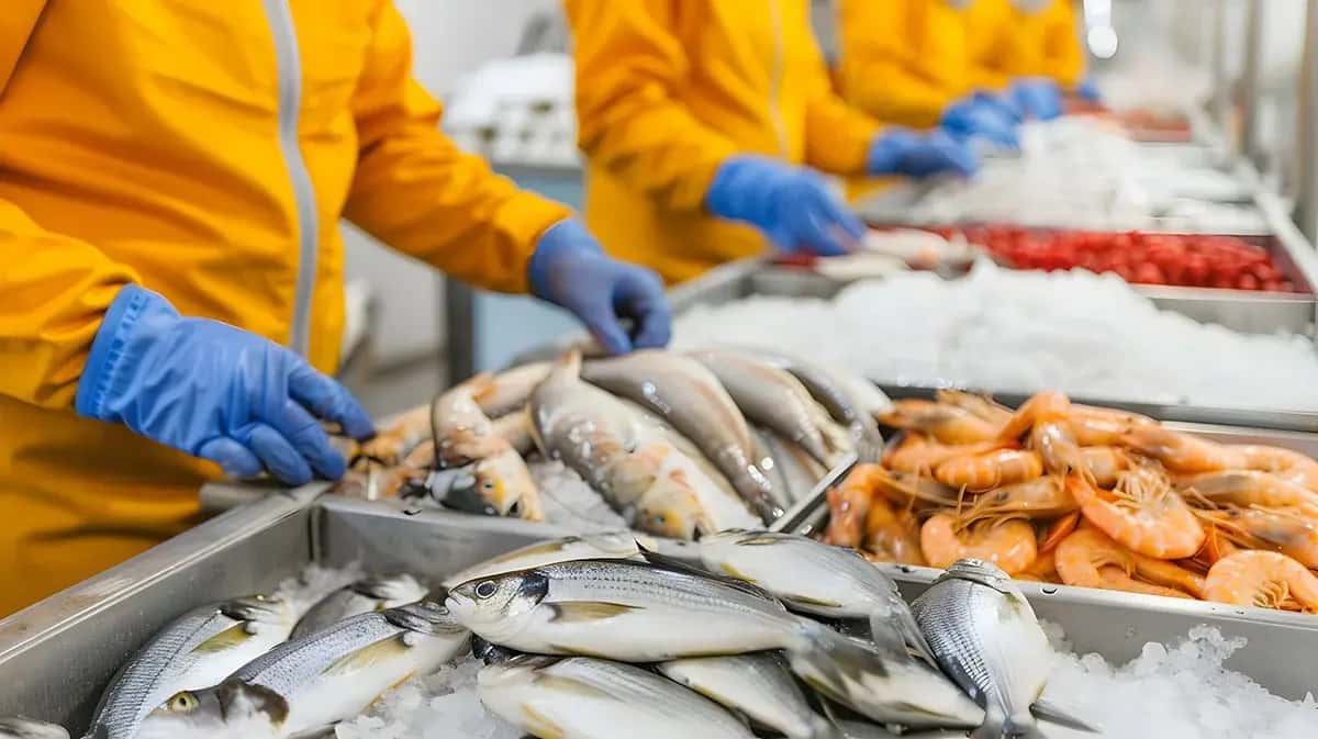 Workers handling fresh seafood assortment on ice at a processing plant with quality assurance and hygiene standards