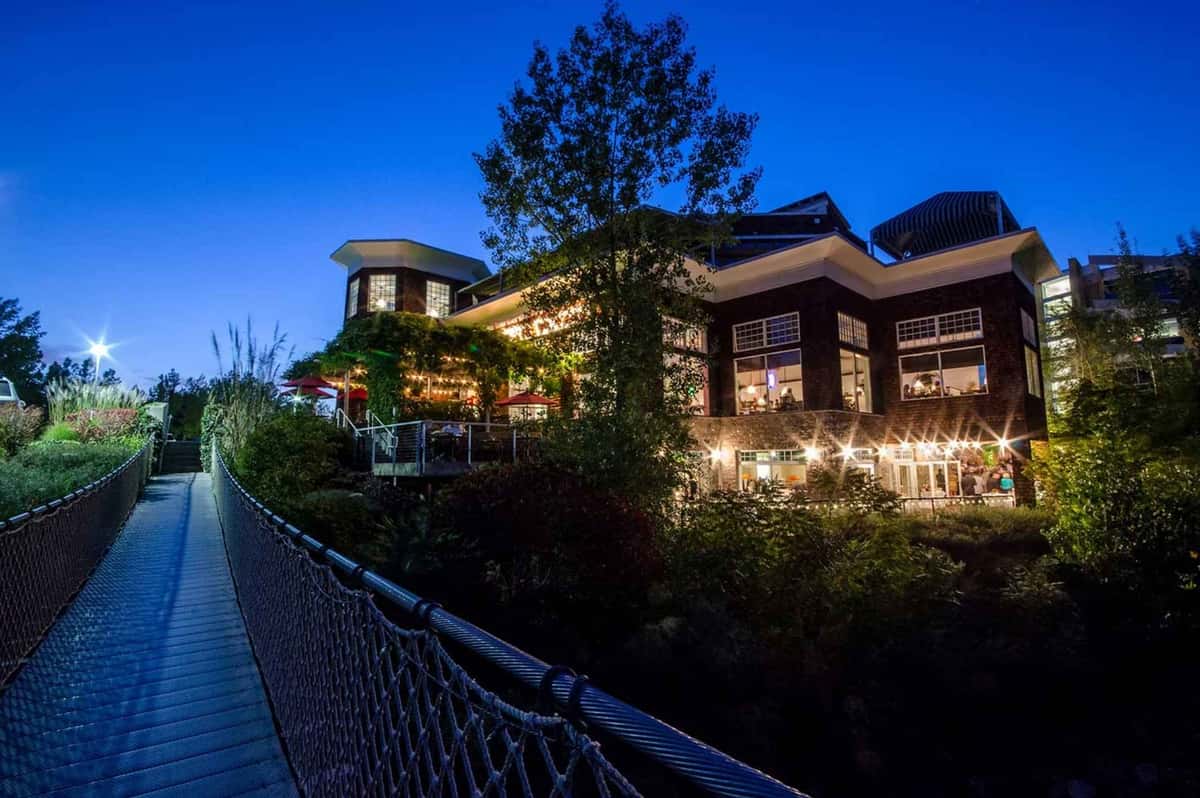 An exterior shot of Market Street Grill at twilight.