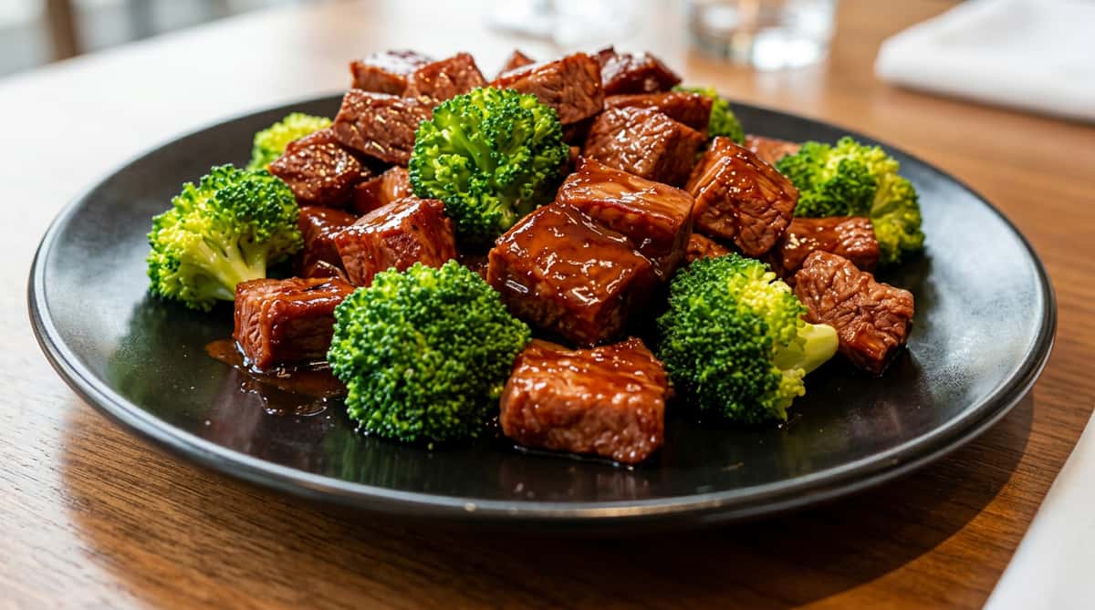 Savory beef and broccoli stir-fry glazed in a rich sauce and served in a rustic bowl