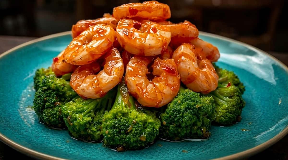 Sweet glazed shrimp served over steamed broccoli on a turquoise serving plate