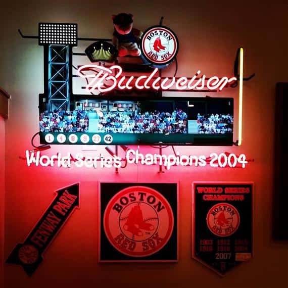 Neon budweiser sign showing fenway park. Boston red sox. World series champions 2004.