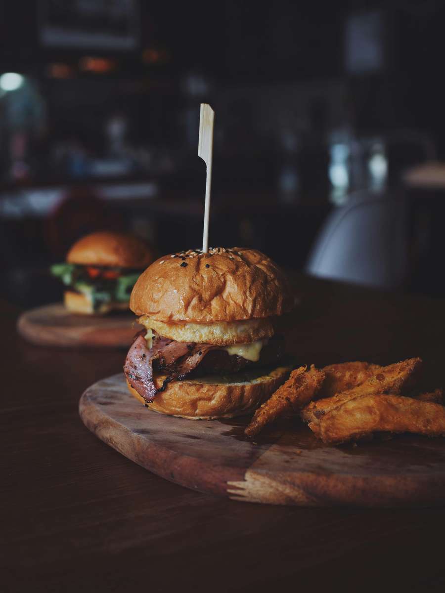 Burger and potato wedges