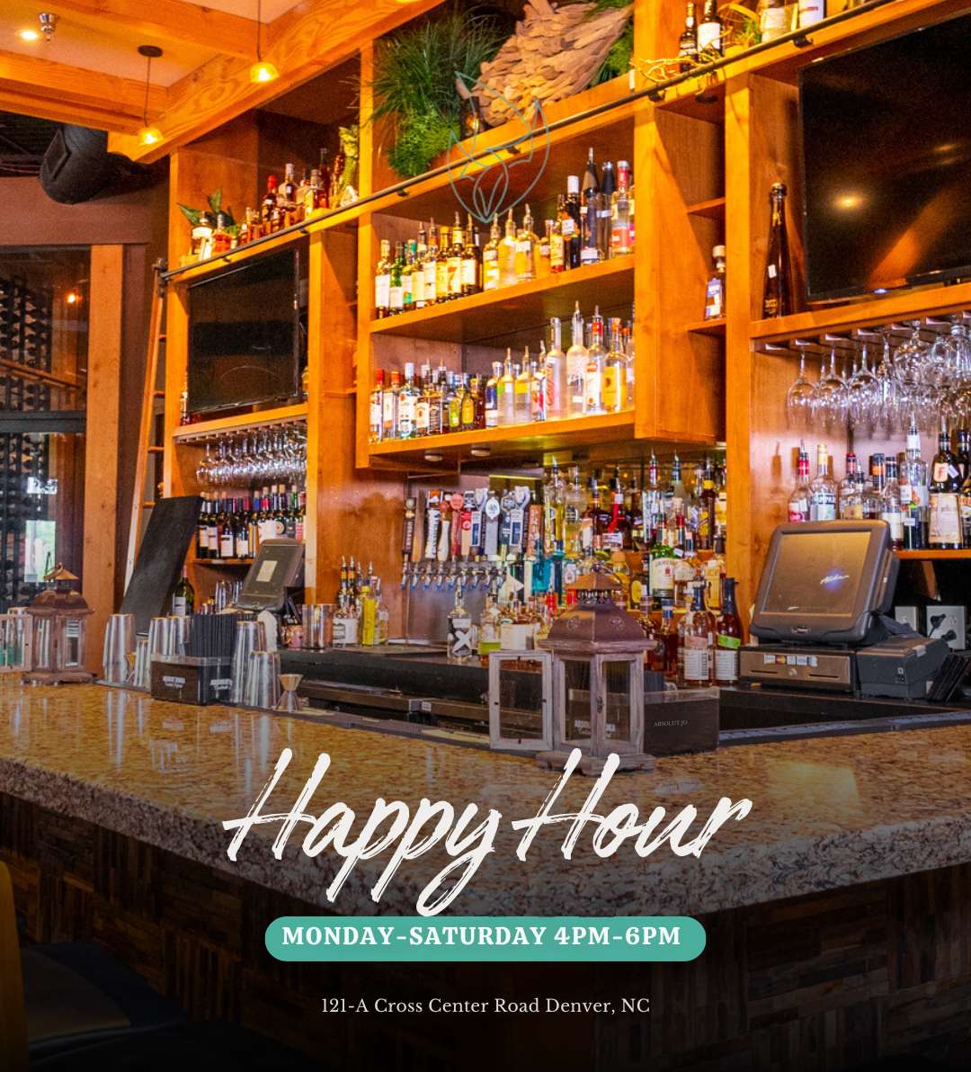 Full bar with 'Happy Hour' and their hours listed Monday through Saturday 4 PM to 6 PM