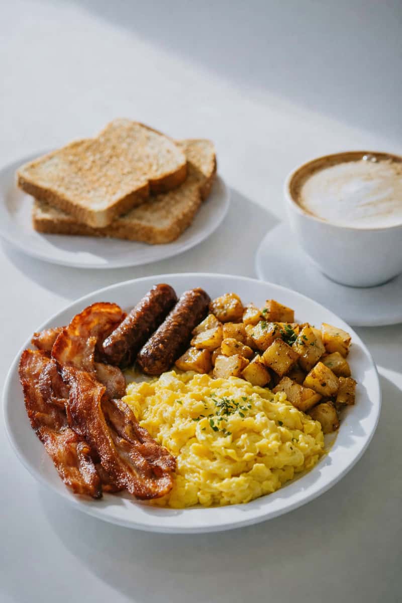 Classic breakfast with scrambled eggs, bacon strips, sausages, toast, and home fries.