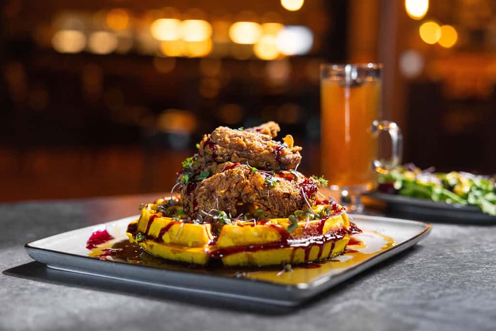 Chicken & Waffles Za'atar, Sumac Waffle, Coffee BBQ Butter, Calabrian Chile Maple