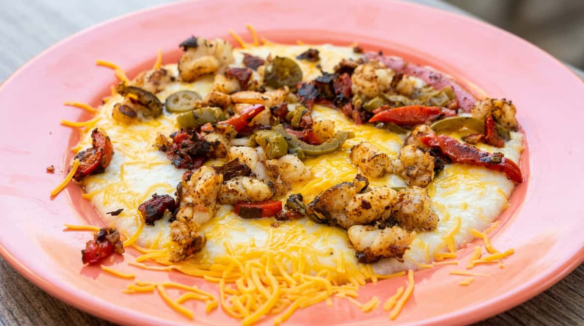 Shrimp and grits topped with melted cheddar cheese, sautéed peppers, and jalapeños on a coral plate.